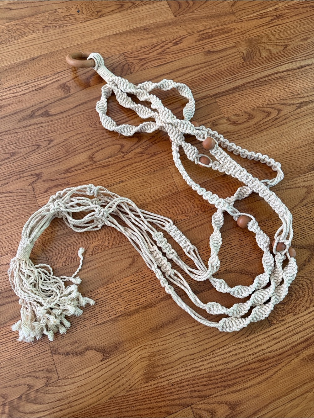 Boho Macramé Multi-Strand Plant Hanger - Cream with wood accents 56”